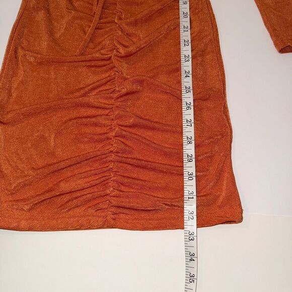 PepperMayo Cora Mini Dress Long Sleeve Bodycon Cut Outs Ruched Ring Tie Orange 4 - Picture 9 of 13